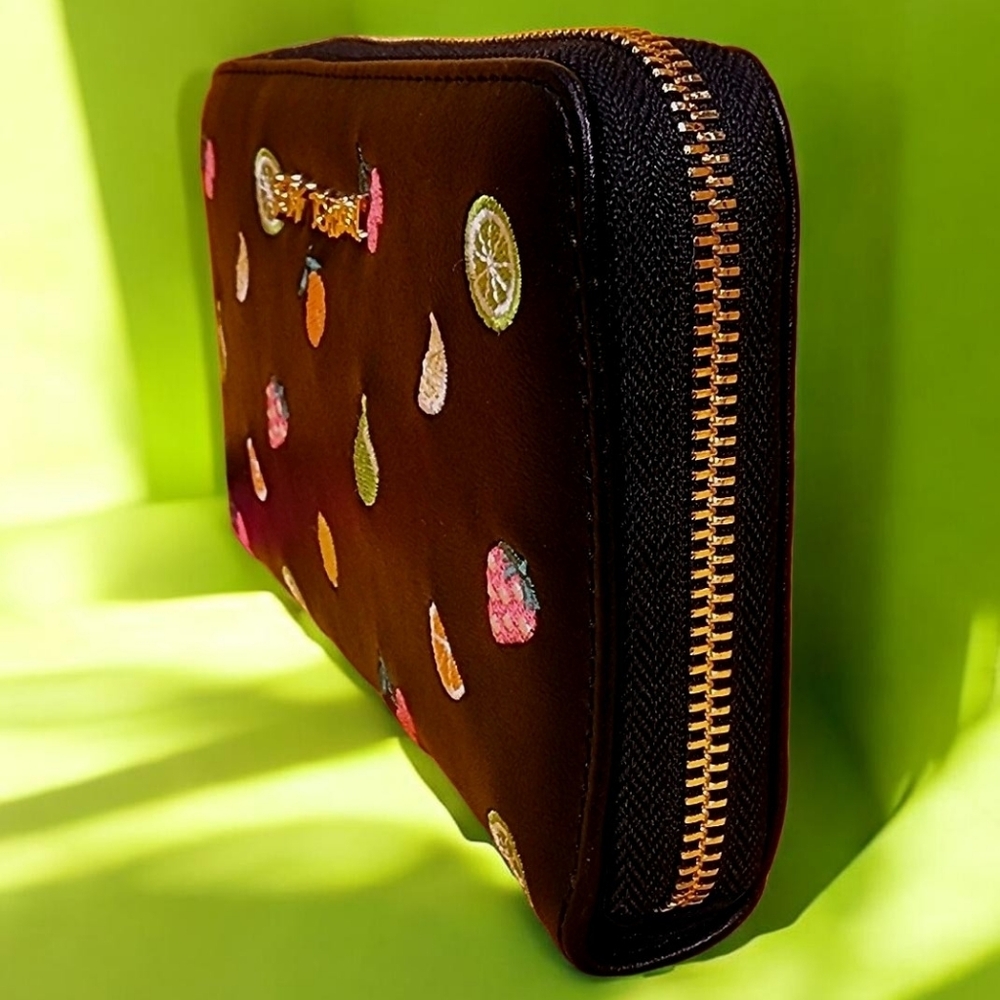 NEW Betsey Johnson Black Fruit Cherry Embroidered Wallet Wristlet Zip Around NWT - Picture 2 of 5